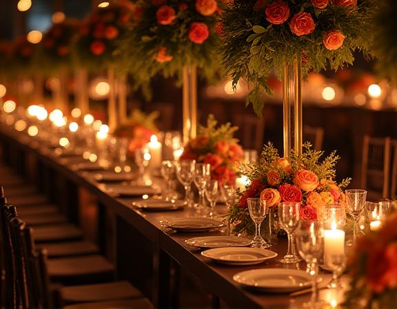 Allestimento floreale per un evento serale con luci soffuse e candele