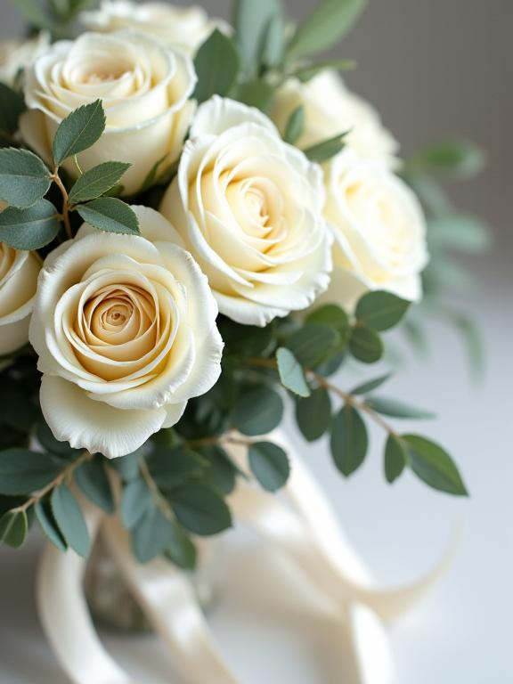 Dettaglio di un bouquet da sposa con rose bianche, eucalipto e nastri di seta