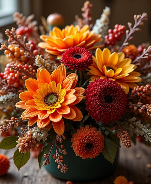 Composizione autunnale con fiori e foglie dai colori caldi e bacche