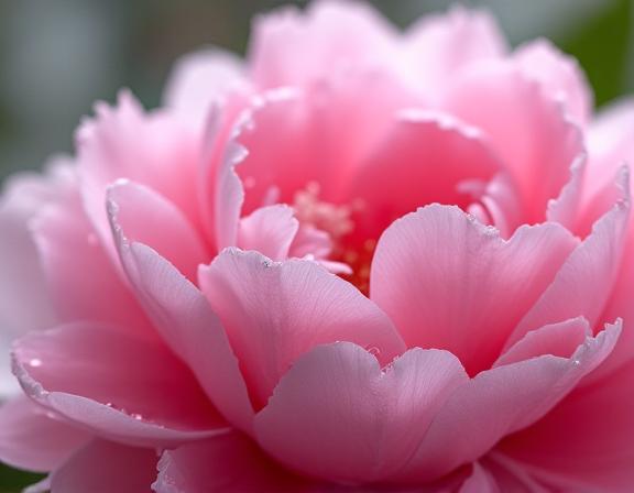 Macro fotografia di una peonia rosa con petali vellutati e rugiada
