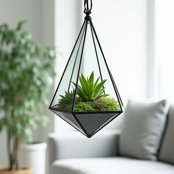 Terrario geometrico di design appeso con succulente e muschio