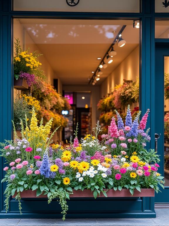 La vetrina del negozio allestita per la primavera con fiori colorati e piante