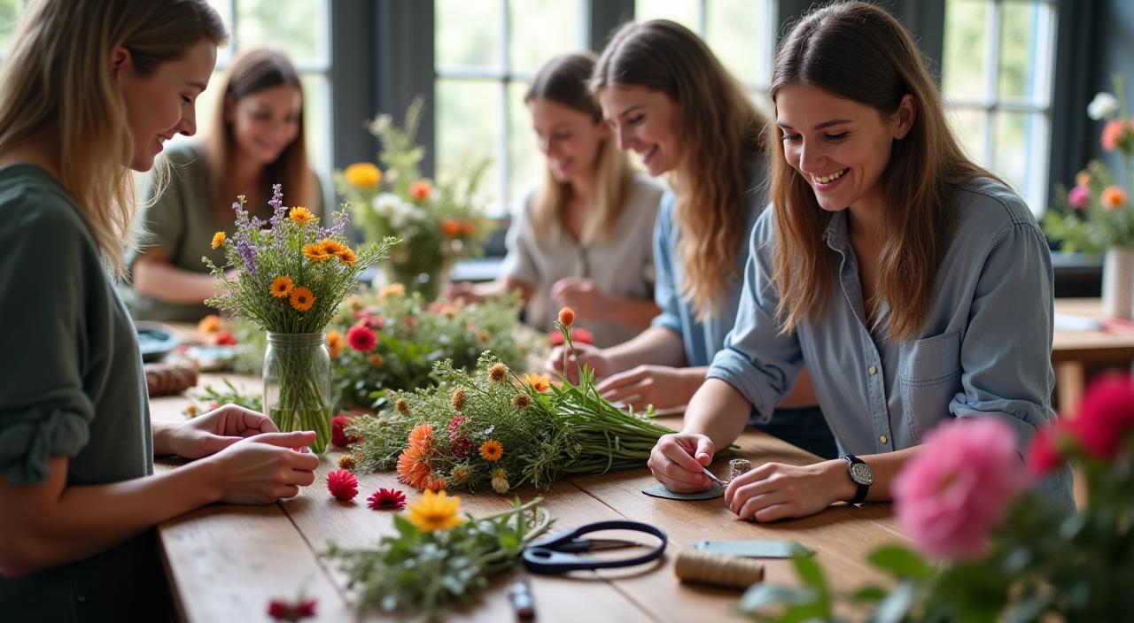 Persone sorridenti mentre creano composizioni floreali durante un laboratorio