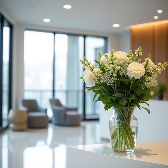 Vaso di fiori freschi in una reception aziendale moderna