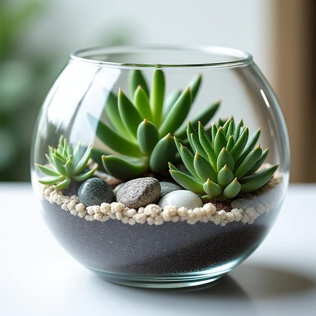 Terrario di design con piccole piante grasse e sassi decorativi